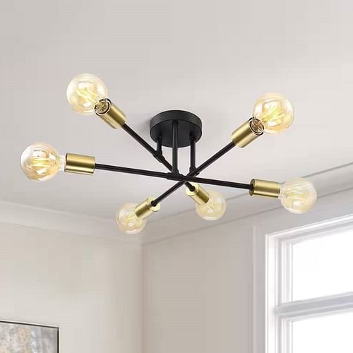 Mid-Century Sputnik Style 6-Light Black Gold Ceiling Light - Semi Flush Mount - Free Shipping