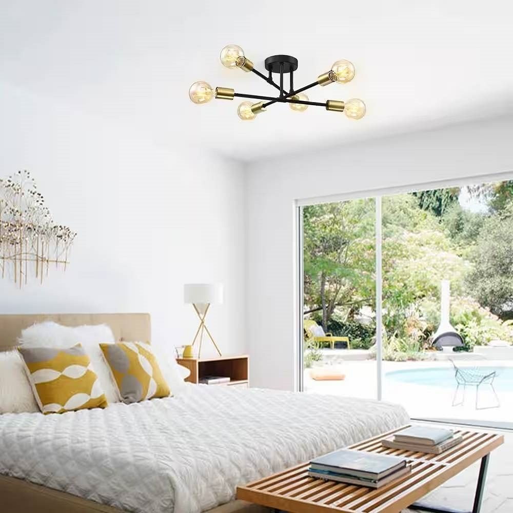 Mid-Century Sputnik Style 6-Light Black Gold Ceiling Light - Semi Flush Mount - Free Shipping