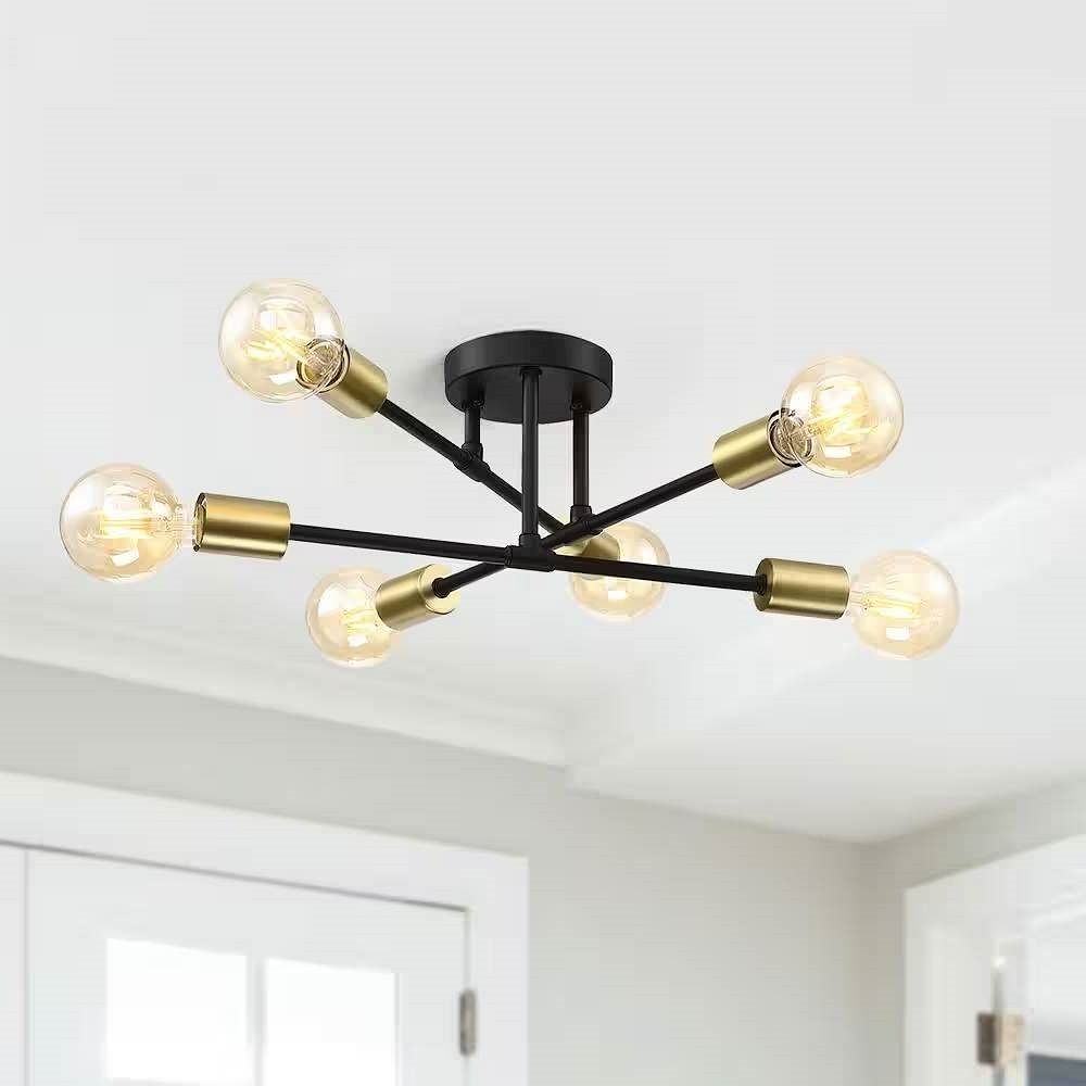 Mid-Century Sputnik Style 6-Light Black Gold Ceiling Light - Semi Flush Mount - Free Shipping