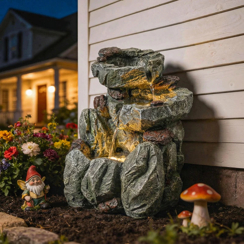 Outdoor Fountain with LED Lights Adjustable Flow Cascading Waterfall 3-Tier Rustic Rock Look Grey