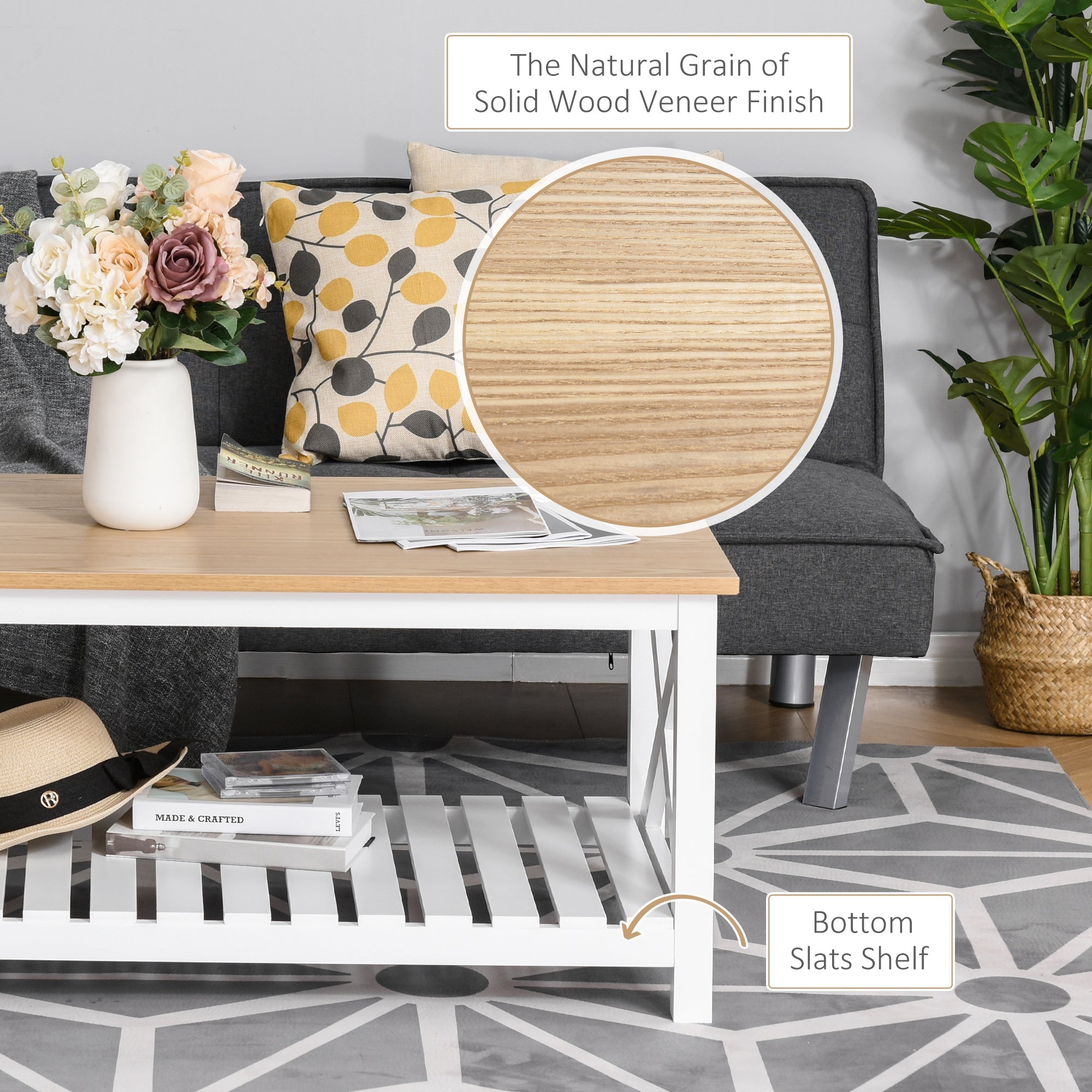 HOMCOM Farmhouse Style Coffee Table with Slatted Shelf White and Natural Center Table for Living Room