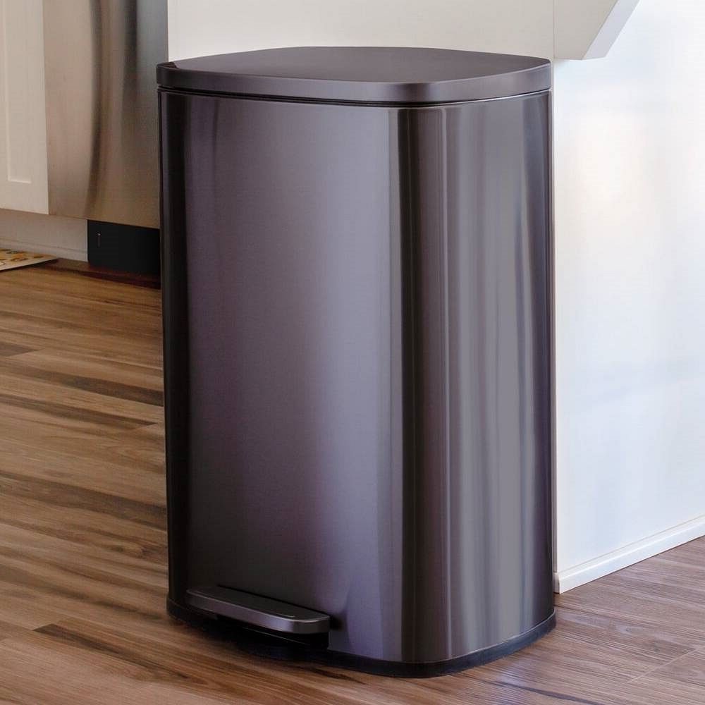 13 Gallon Black Stainless Steel Kitchen Trash Can with Step Open Lid - Free Shipping