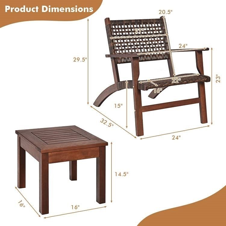 3 Piece Wooden Rattan Outdoor Patio Furniture Chair Table Bistro Set - Free Shipping