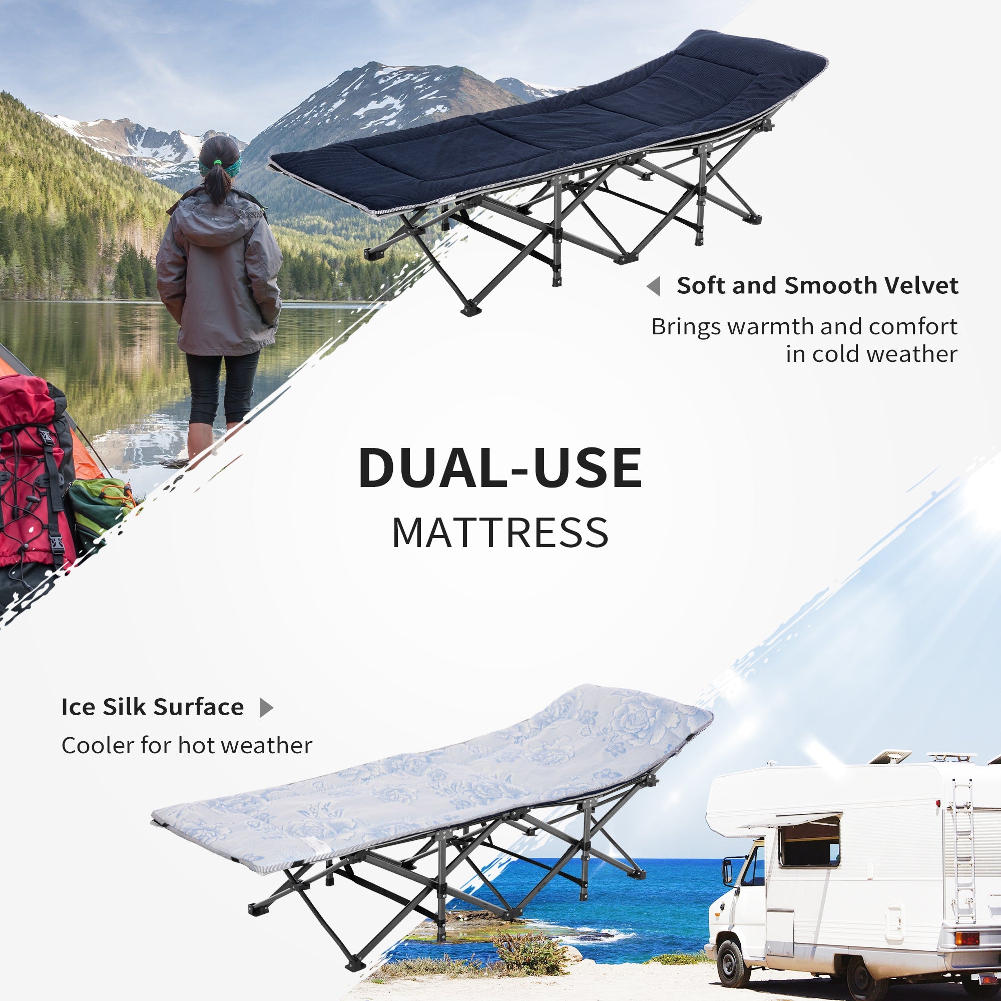 Outsunny Folding Camping Cot with Mattress Pillow Double Layer Oxford Heavy Duty Sleeping Cot Carry Bag Grey Blue