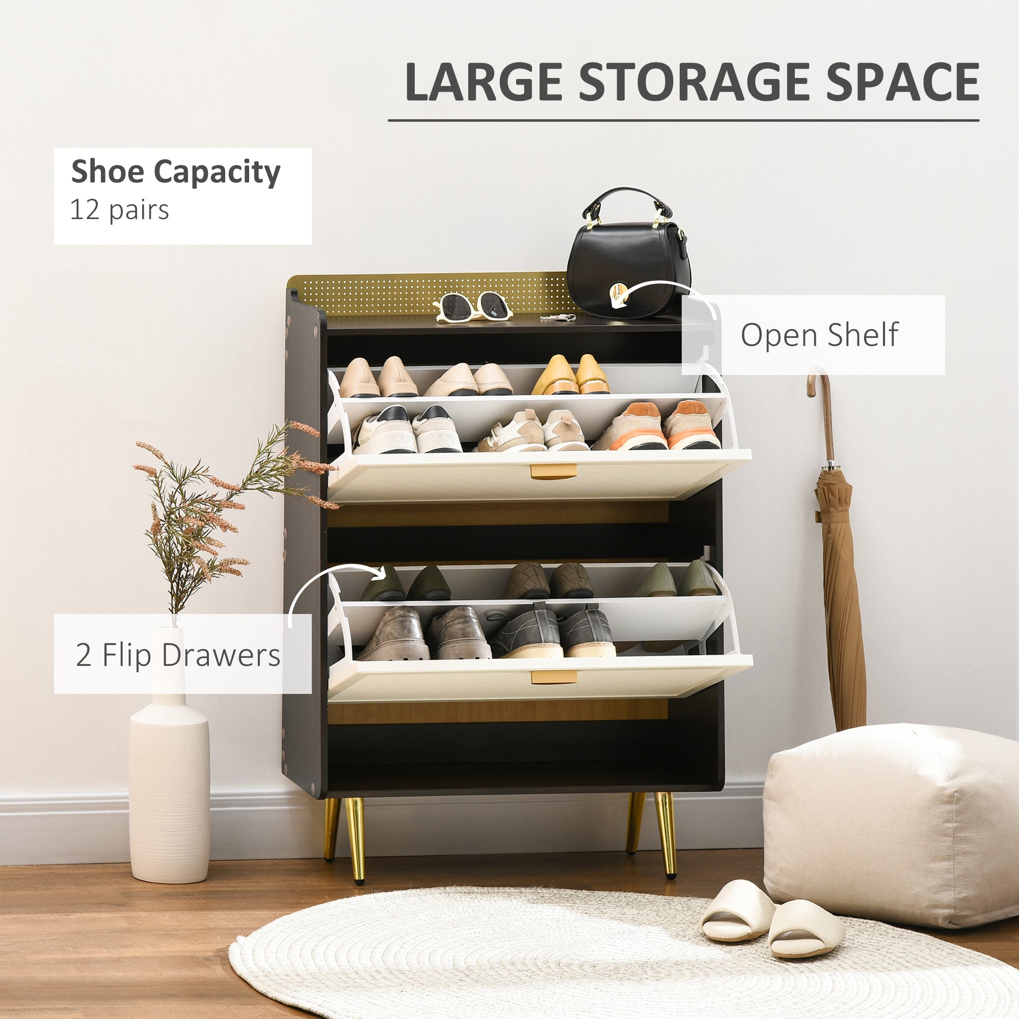 HOMCOM Modern Shoe Cabinet: 2 Flip Drawers, Open Shelf for 12 Pairs Storage Solution in White Finish