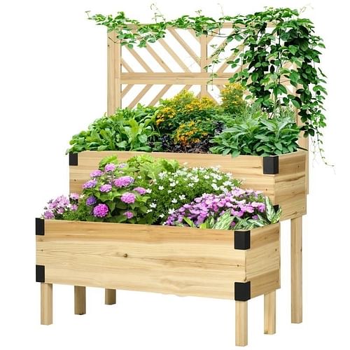 2 Tier Self Draining Natural Wood Raised Garden Bed Planter Box with Trellis - Free Shipping
