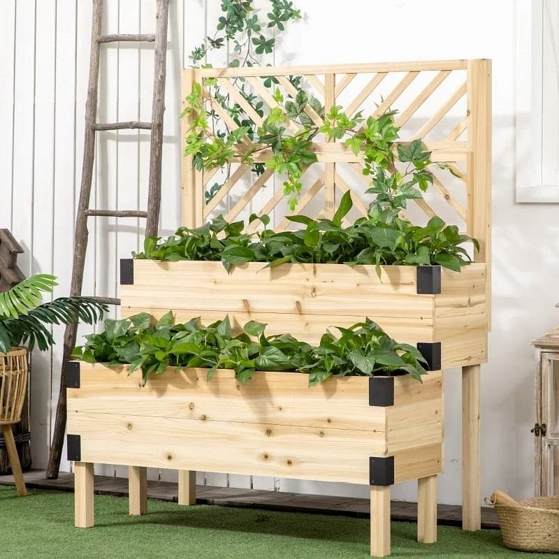 2 Tier Self Draining Natural Wood Raised Garden Bed Planter Box with Trellis - Free Shipping