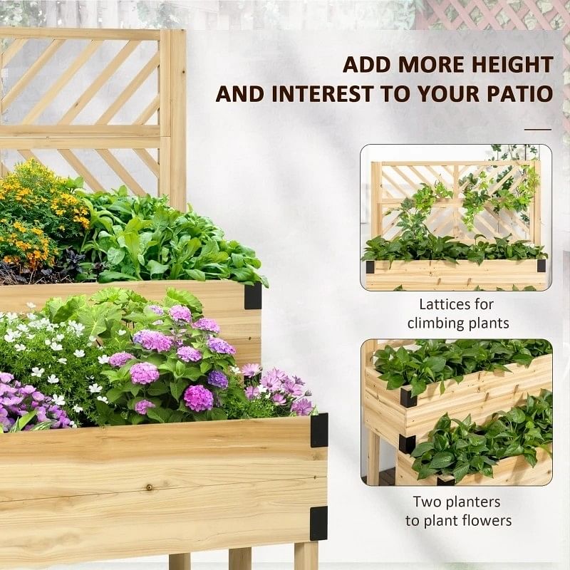 2 Tier Self Draining Natural Wood Raised Garden Bed Planter Box with Trellis - Free Shipping