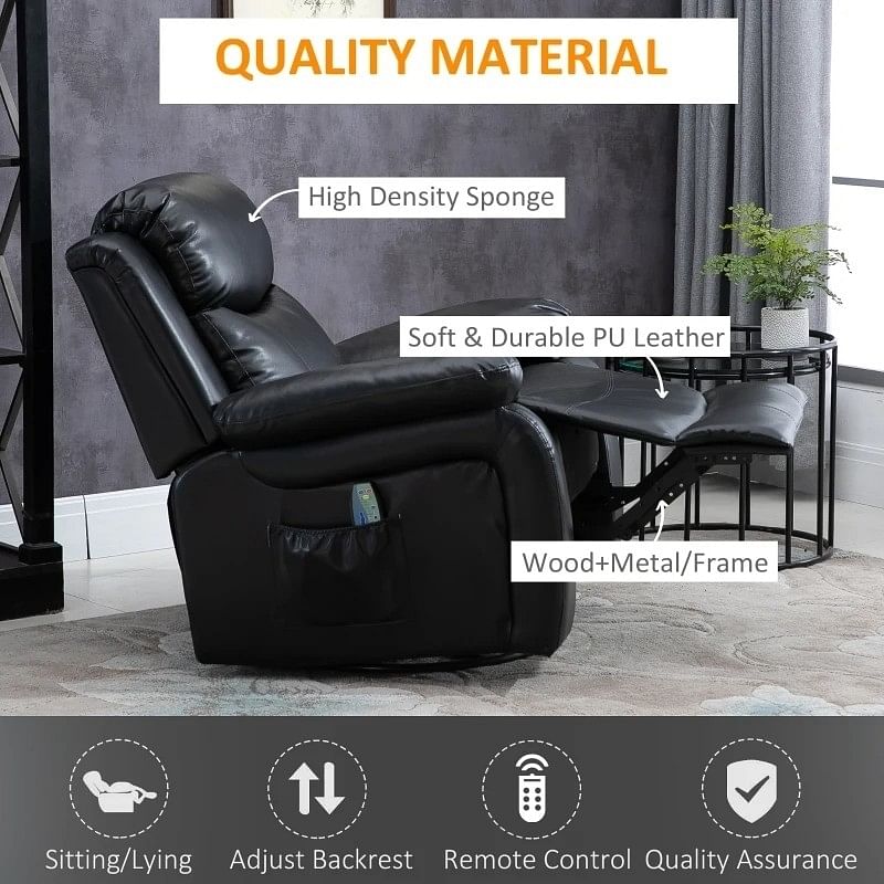 Adjustable Black Faux Leather Remote Massage Recliner Chair w/ Footrest - Free Shipping