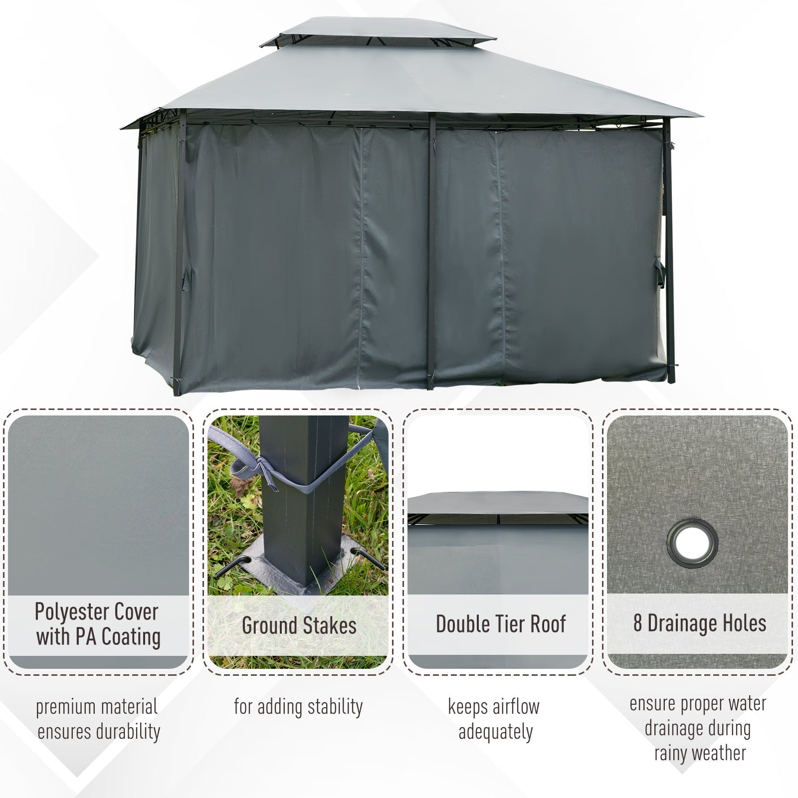 Outsunny 13'L x 10'W x 8.7'H Patio Gazebo Outdoor 2-Tiers Garden Canopy Yard Sunshade Shelter with Curtains Grey