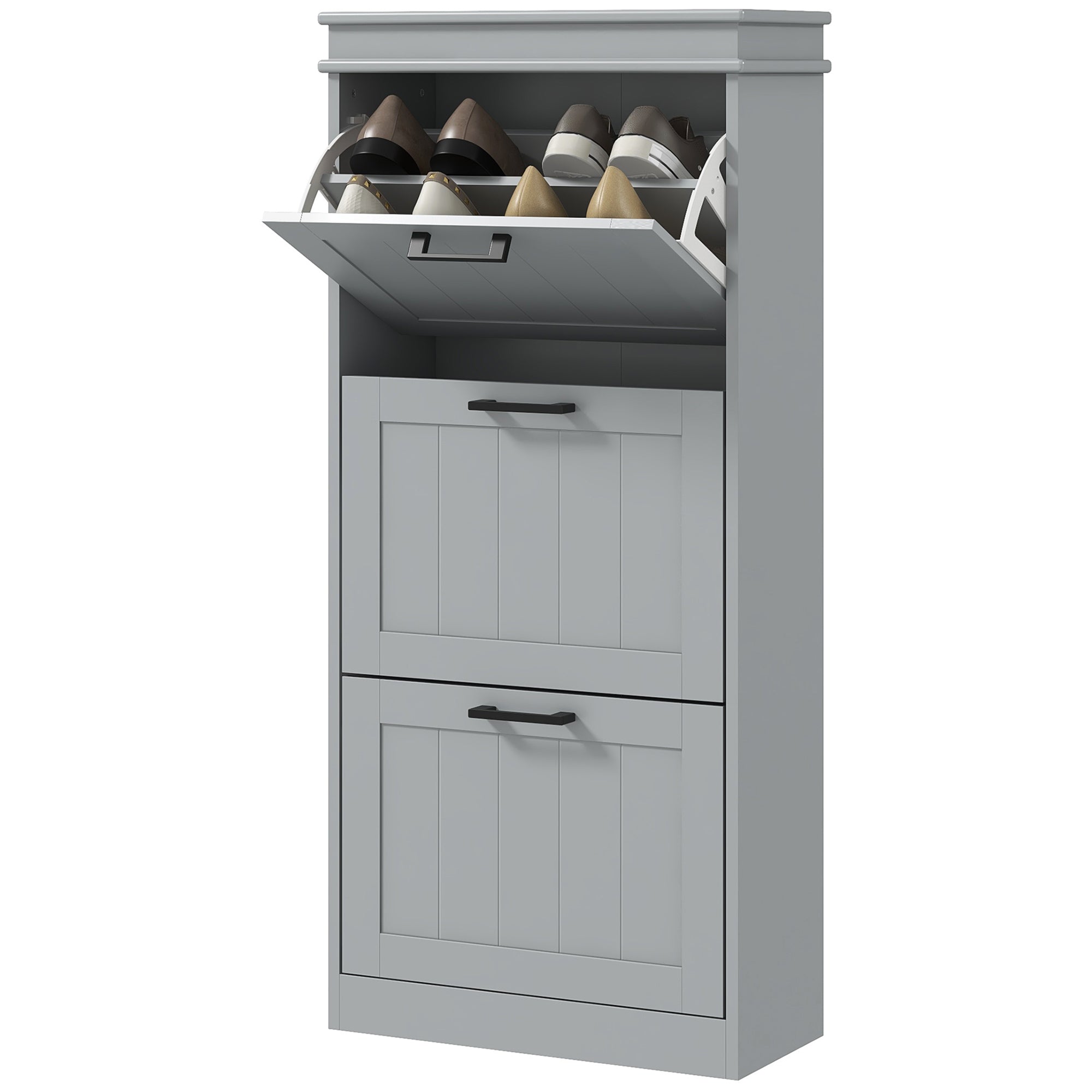 HOMCOM Shoe Storage Cabinet with 3 Flip Drawers and Adjustable Shelves, Narrow Shoe Cabinet for 15 Pairs of Shoes, Grey