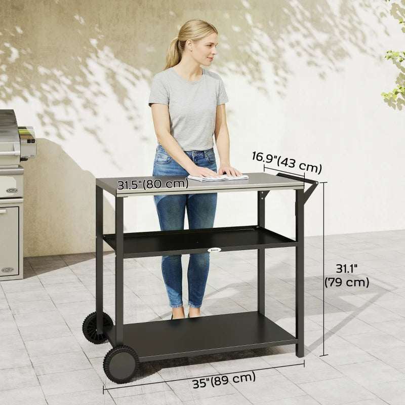 Outdoor Grill Cart with Stainless Steel Tabletop, 3-Tier BBQ Stand, Movable Food Prep Table on Wheels, Black