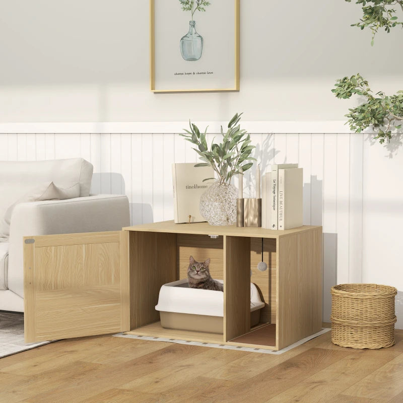 Cat Litter Box Enclosure, Cat Washroom End Side Table with Rattan Door, Scratching Pad, Non-slip Foot Pads, Oak