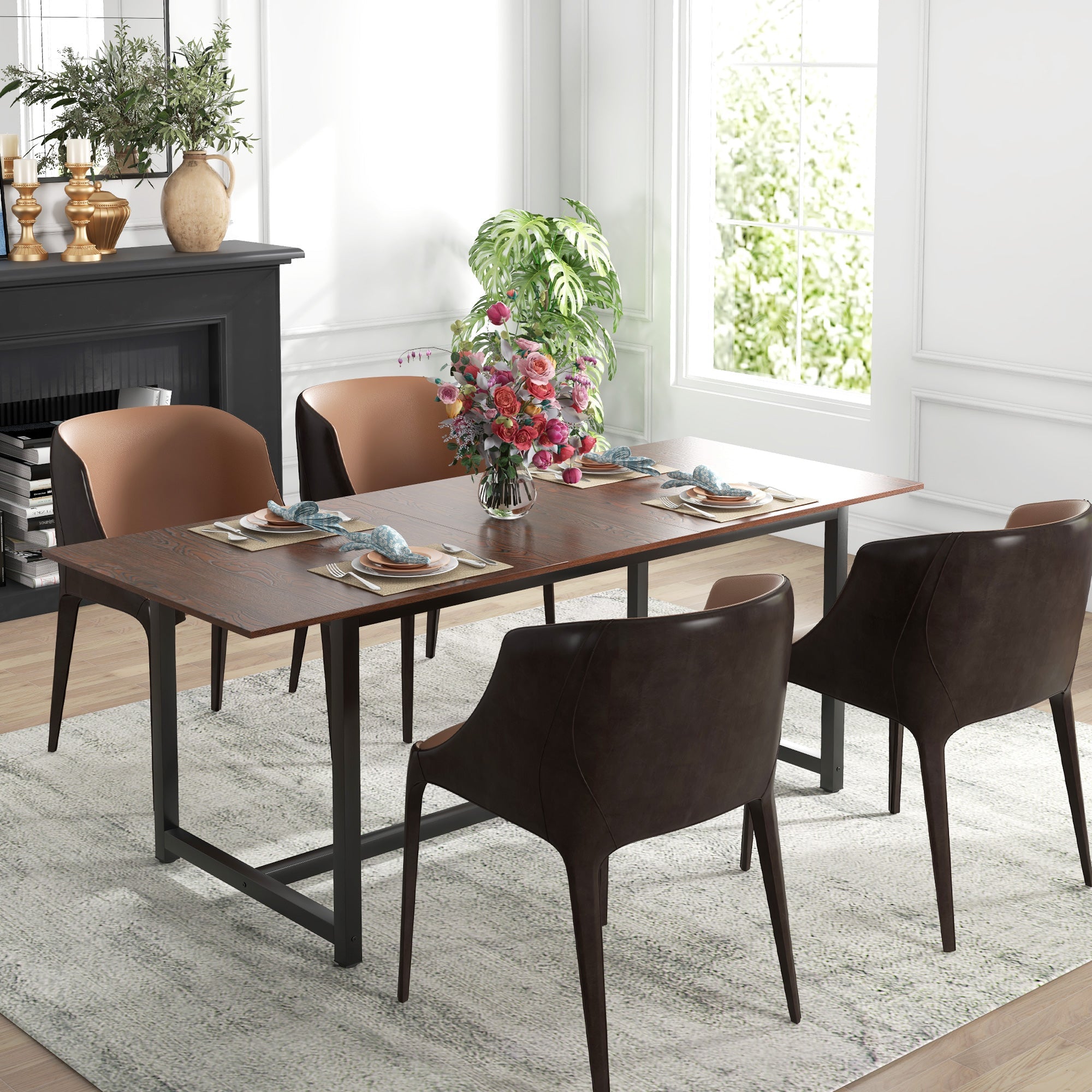 HOMCOM 63-79" Collapsible Dining Table 2-4 People Foldable Kitchen Steel Frame Dining Room Brown Wood Grain