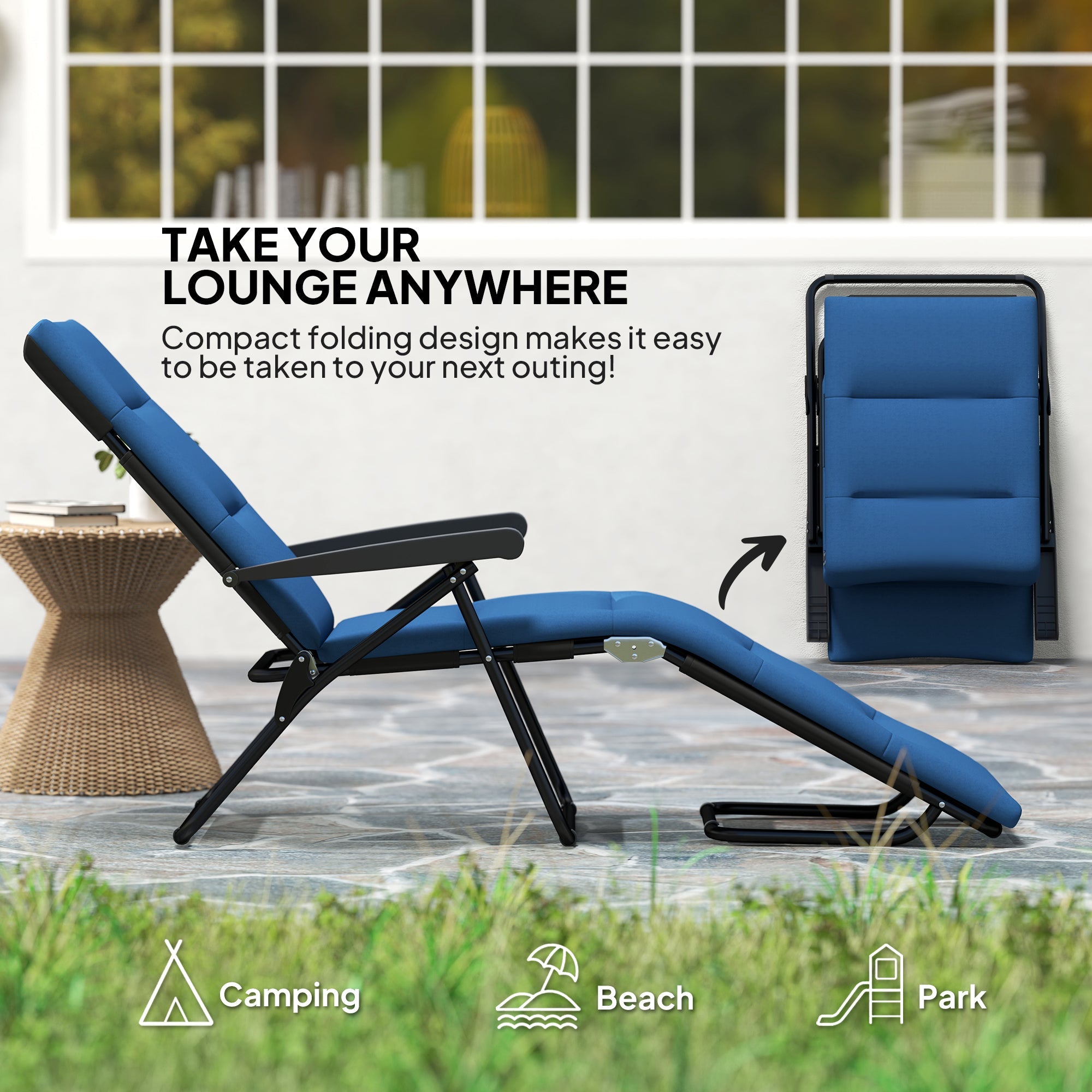 Outsunny Foldable Lounge Chair, Reclining Patio Sun Lounger with 6-Position Adjustable Back, Blue