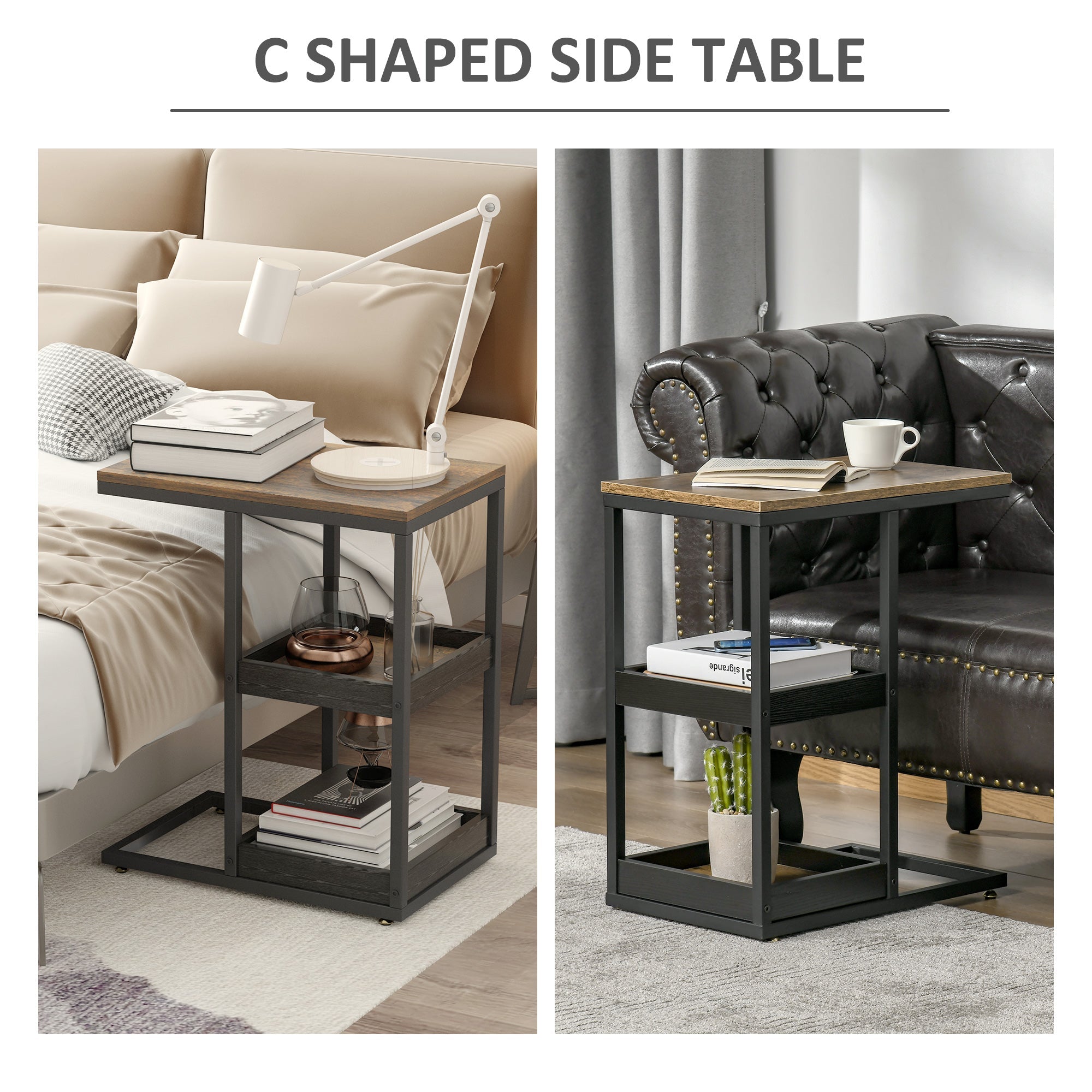 HOMCOM Industrial C-Table: C-Shaped End Coffee Table, Metal Frame Nightstand with Storage Shelves for Living Room, Bedroom