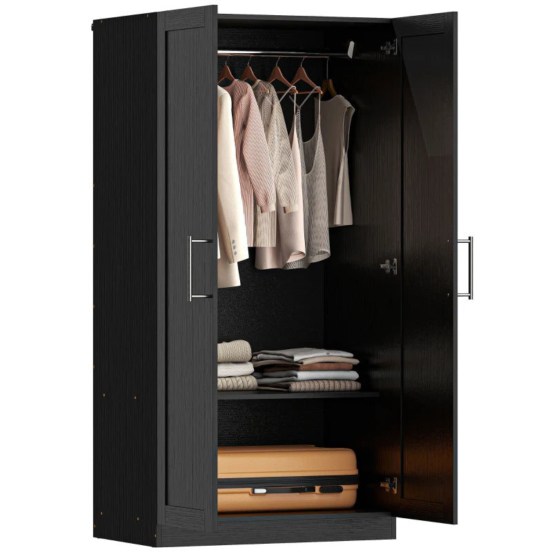 Wardrobe Cabinet with 2 Doors and Hanging Rod, Modern Armoire Wardrobe Closet for Bedroom, Black Wood Effect