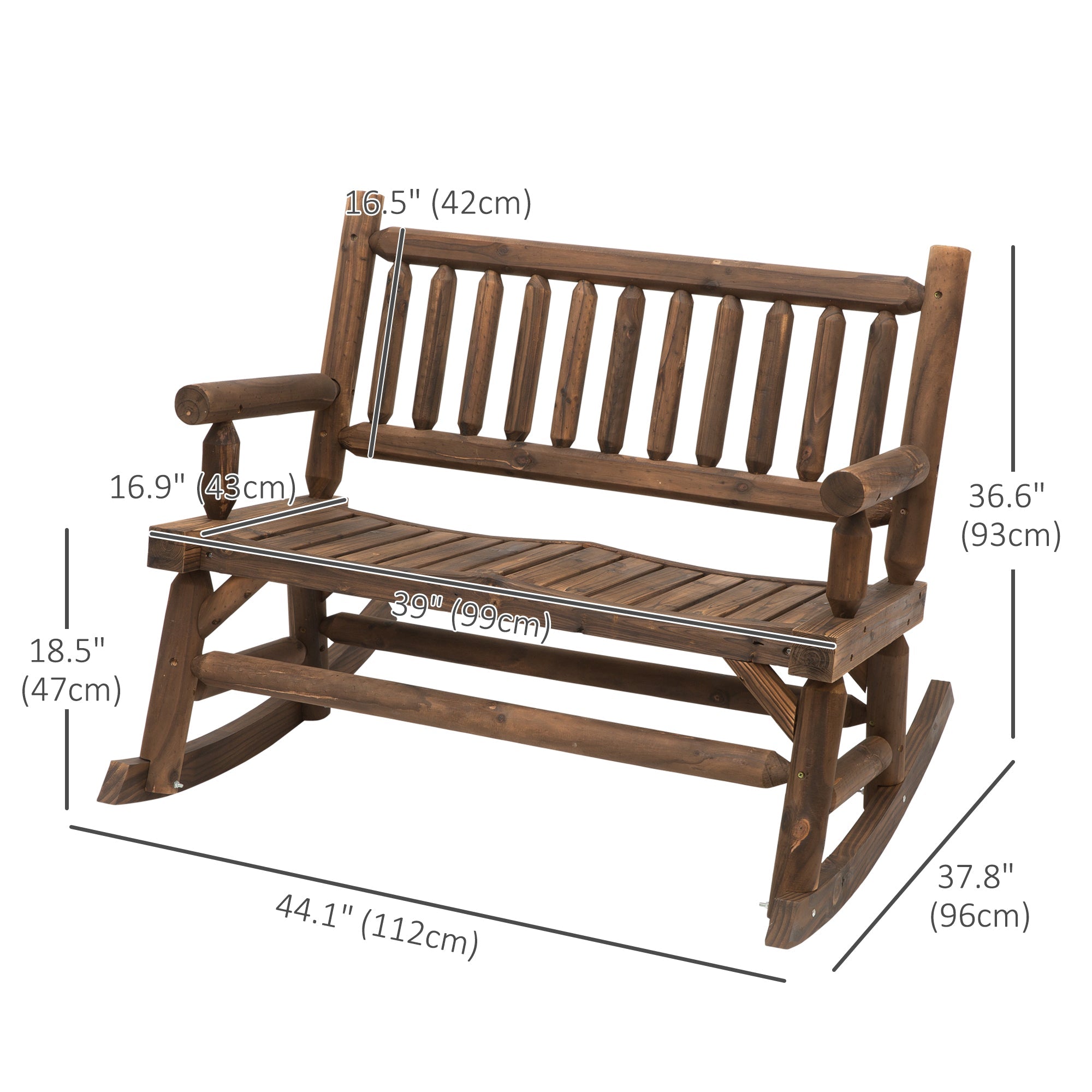 Outsunny Rustic Serenity: Outdoor Rocking Bench, 2-Person Wood Patio Rocker with Slat Back and Seat, Carbonized Finish