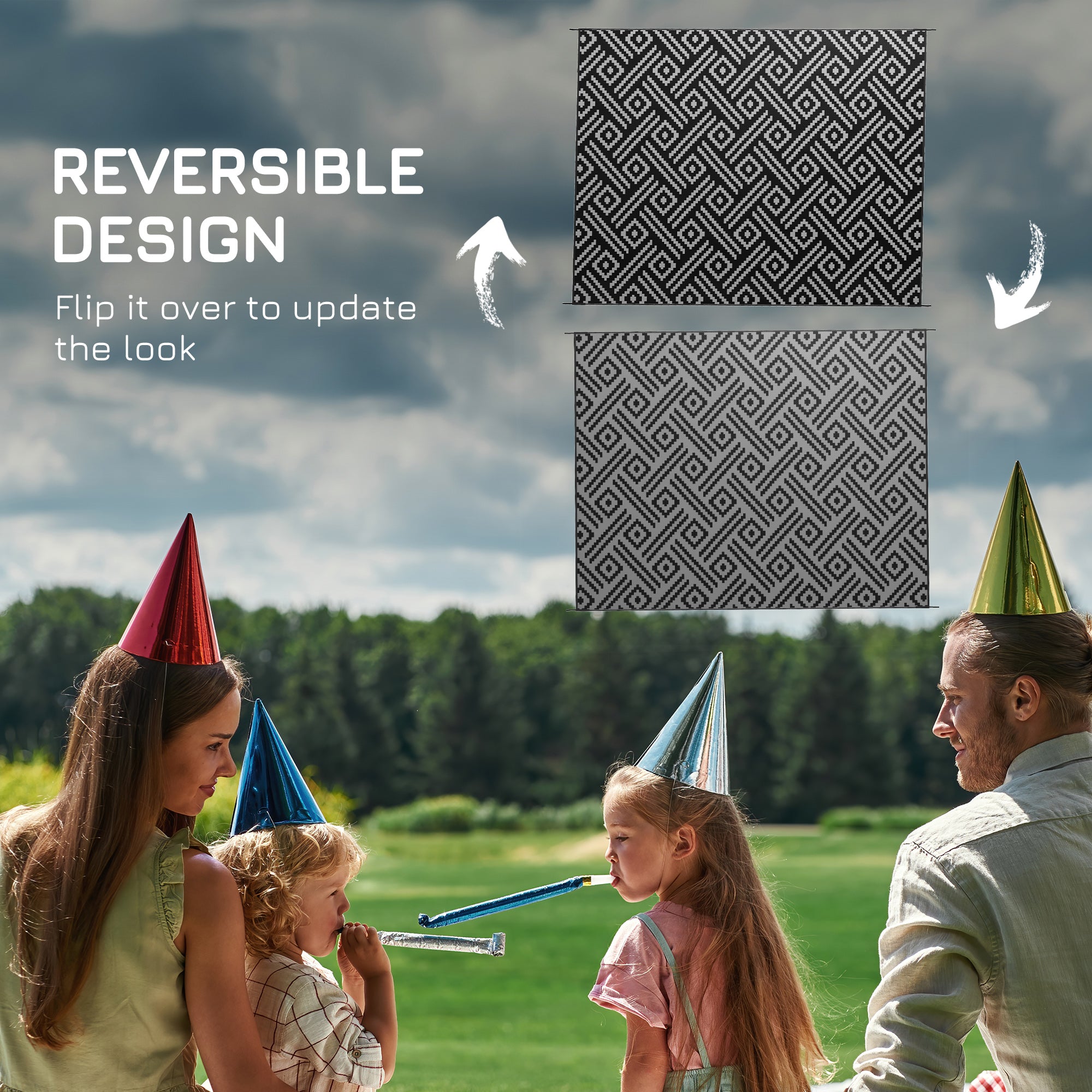 Outsunny Reversible Outdoor Rug, 9'x12', Waterproof Plastic Straw, Black & Grey Geometric, with Carry Bag - Versatile & Durable