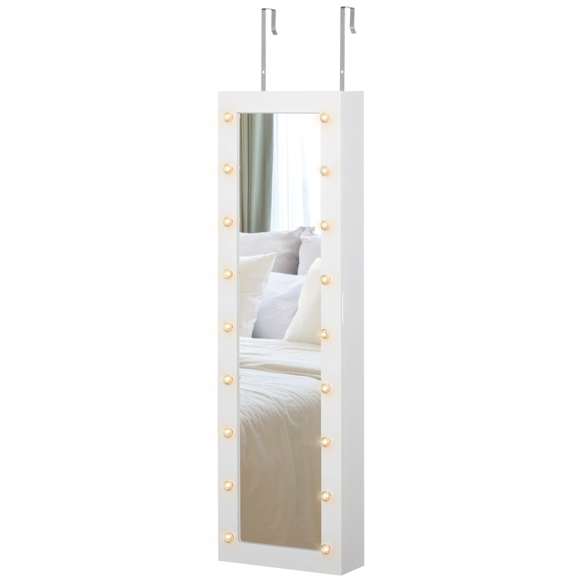 HOMCOM Wall-Mount Jewelry Cabinet: With 18 LED Lights, Mirror, 3 Adjustable Heights, White