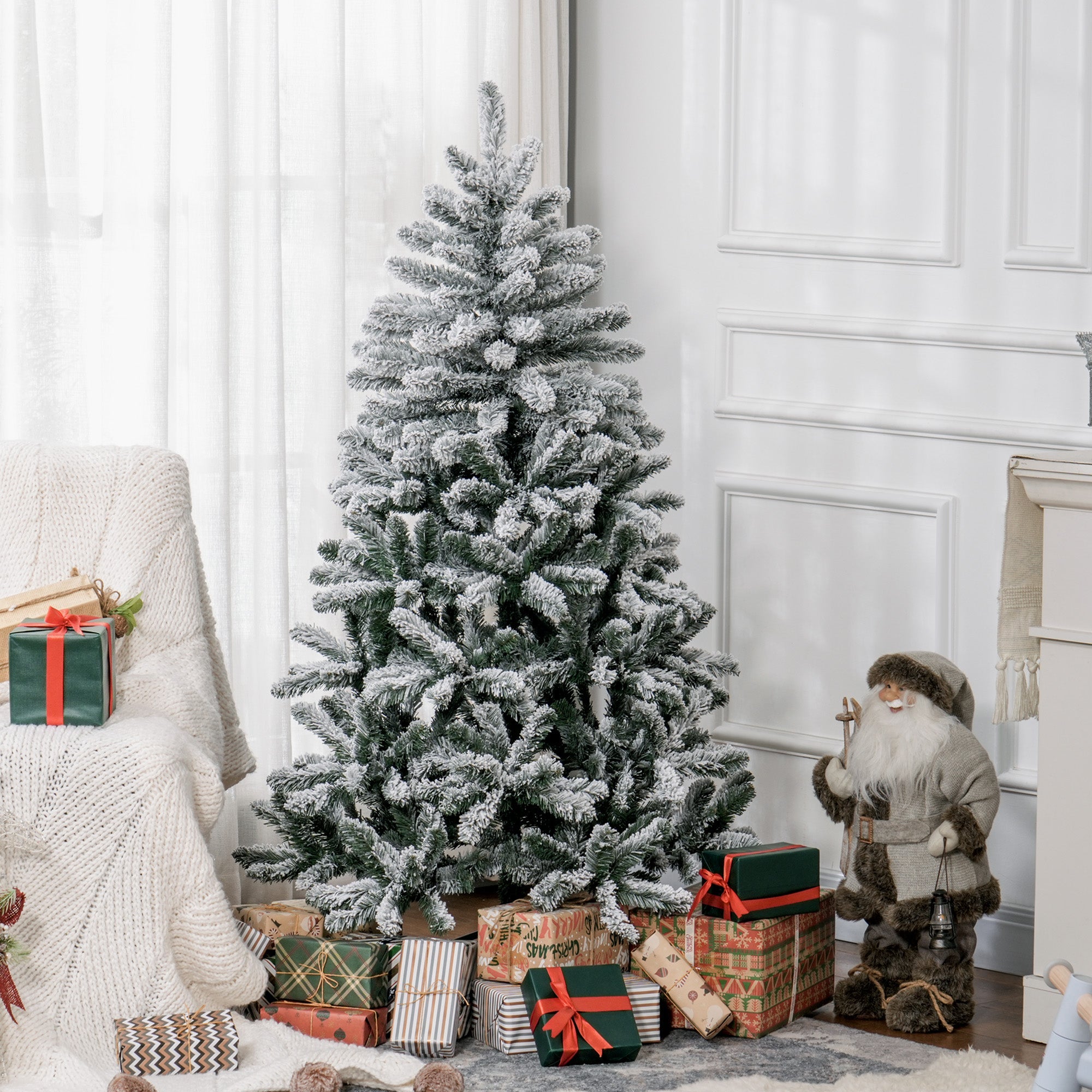 HOMCOM 5 Foot Artificial Flocked Christmas Tree with Snow, Metal Stand, Hinged Xmas Tree for Home Office Holiday