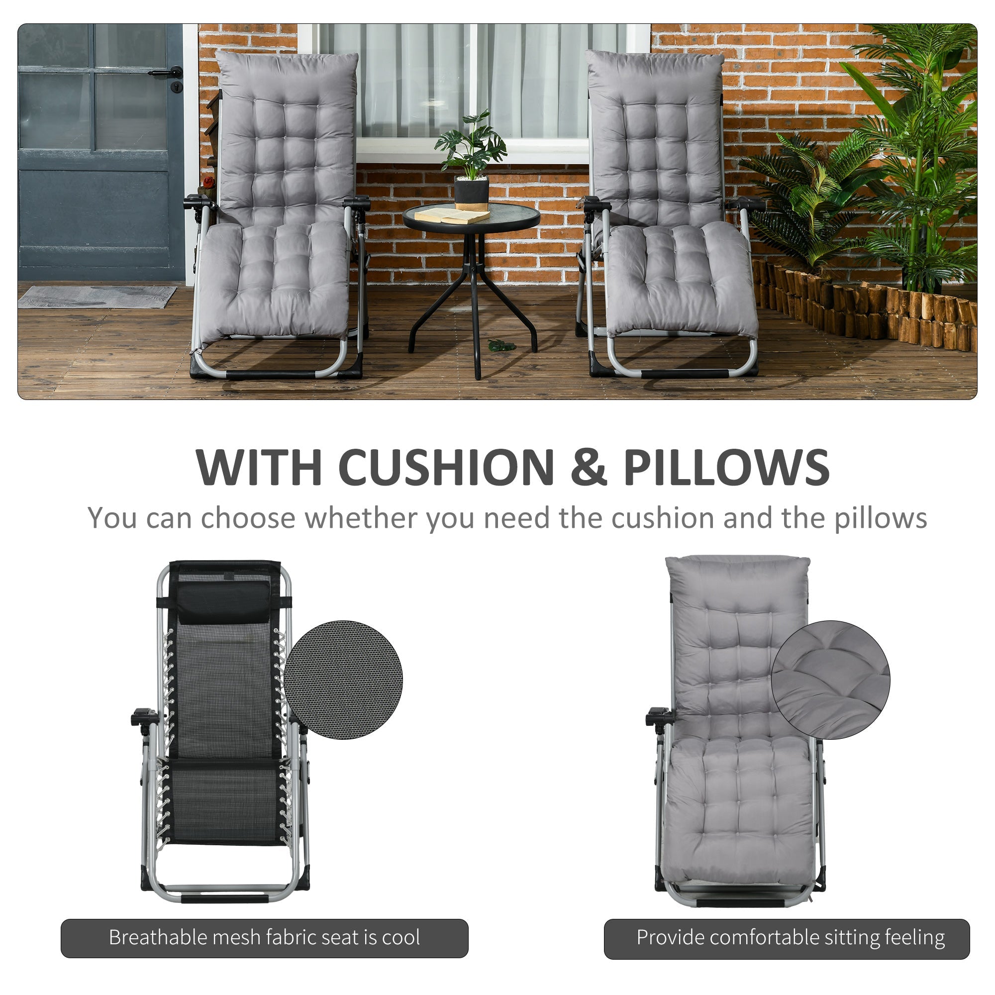 Outsunny Garden Chairs Set of 2 Reclining Zero Gravity Sun Lounger with Cushion Grey Outdoor