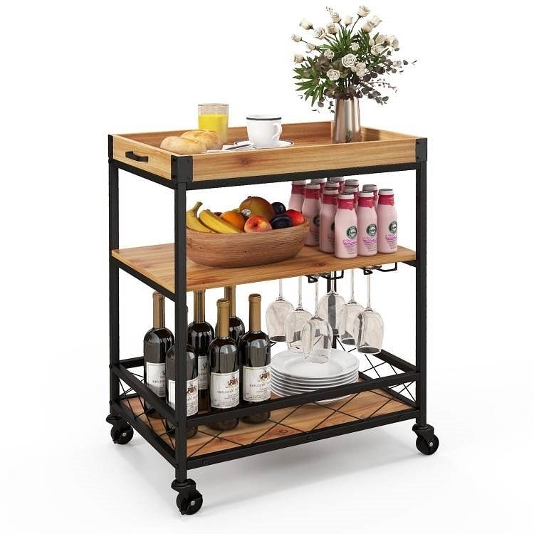 Modern Metal Wood Shelf Kitchen Serving Bar Cart with Removable Top Tray - Free Shipping