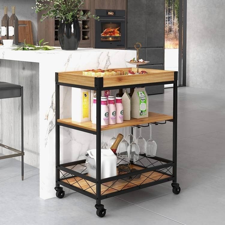 Modern Metal Wood Shelf Kitchen Serving Bar Cart with Removable Top Tray - Free Shipping