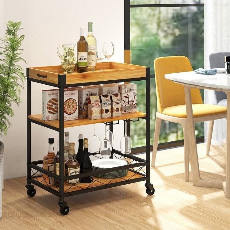 Modern Metal Wood Shelf Kitchen Serving Bar Cart with Removable Top Tray - Free Shipping