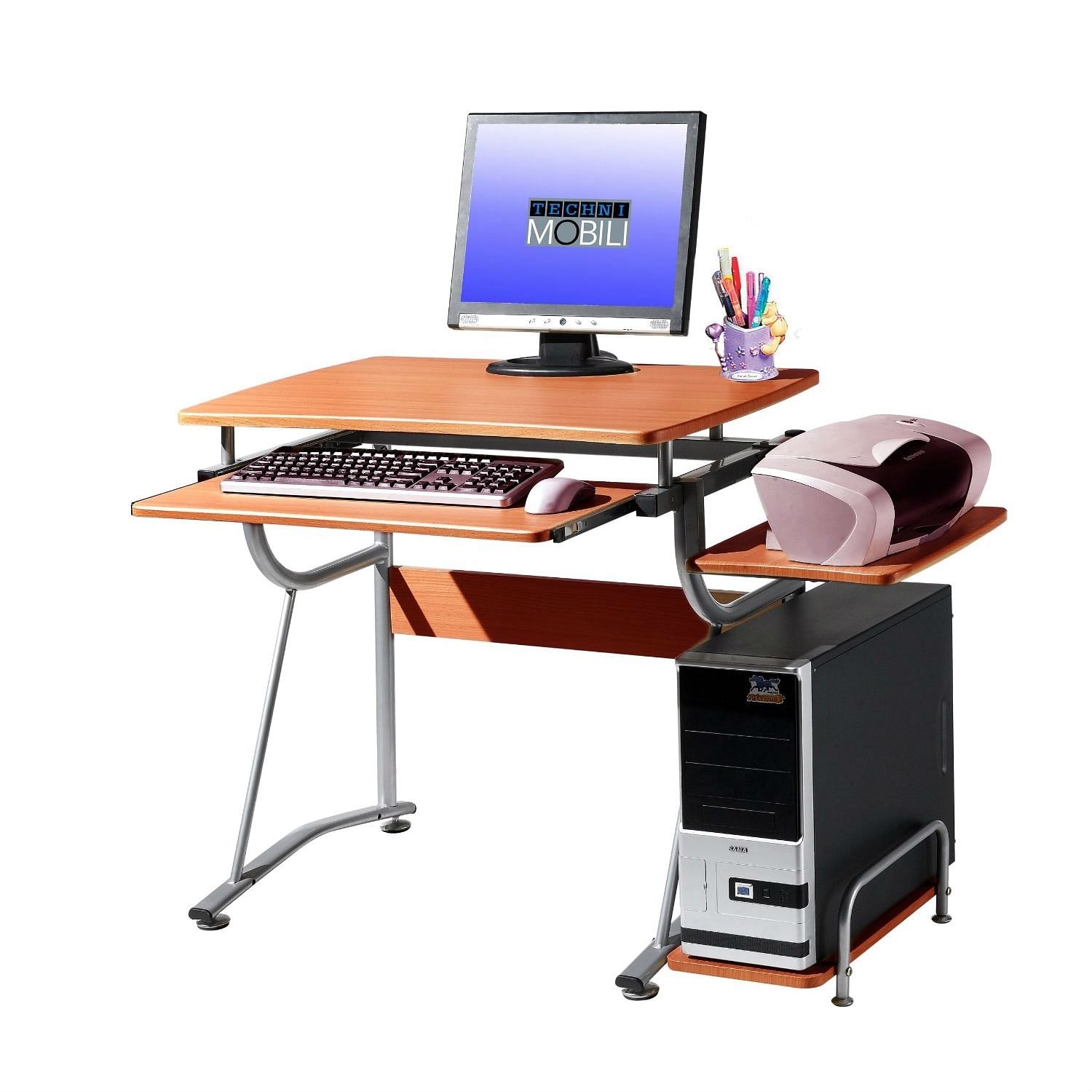 Compact Contemporary Computer Desk in Light Cherry Finish - Free Shipping