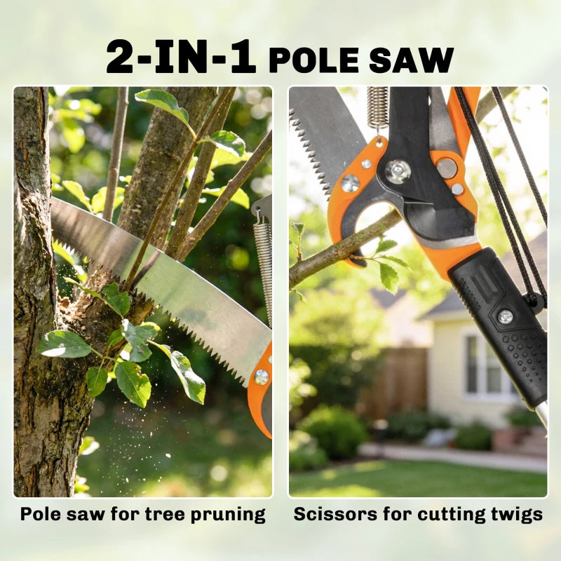 6.5ft 2-In-1 Manual Pole Saw for Tree Trimming, Aluminium Telescopic Long Reach Pole Pruner with Sharp 65Mn Steel Blade