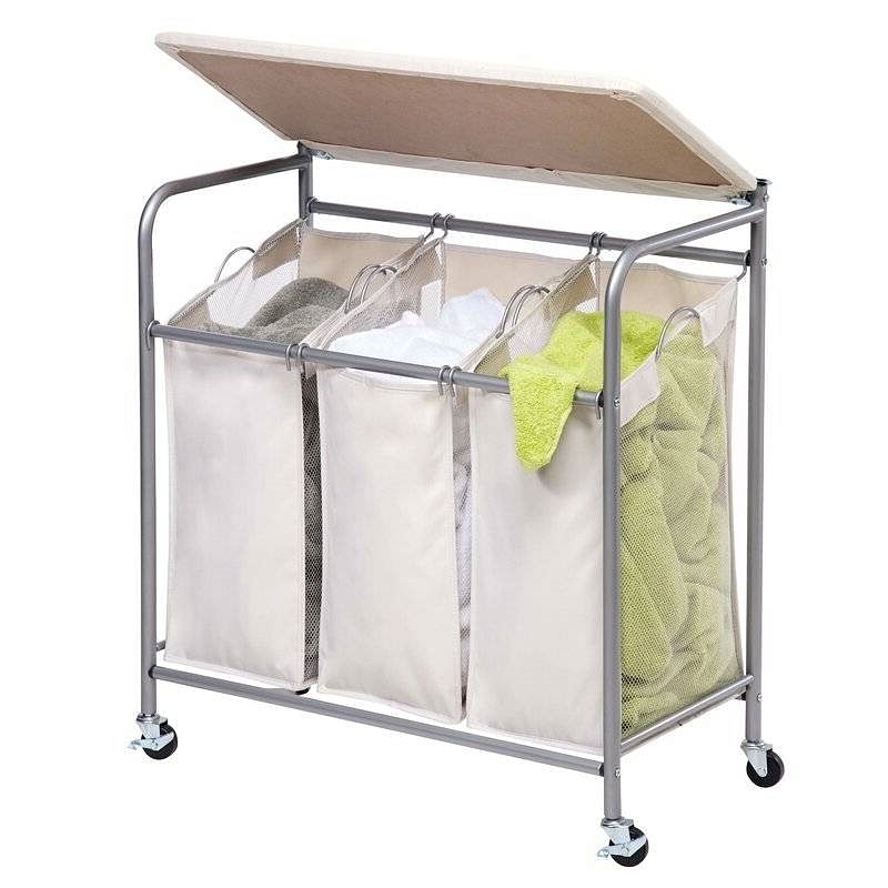 3 Section Wheeled Laundry Sorter Cart with Lift Top Folding Ironing Board - Free Shipping