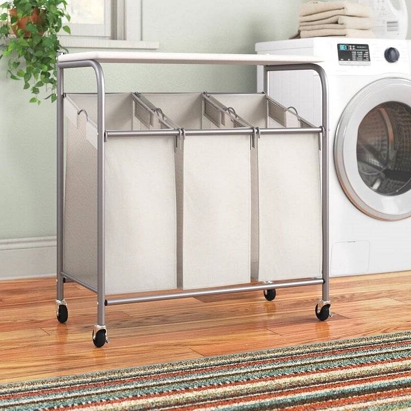 3 Section Wheeled Laundry Sorter Cart with Lift Top Folding Ironing Board - Free Shipping