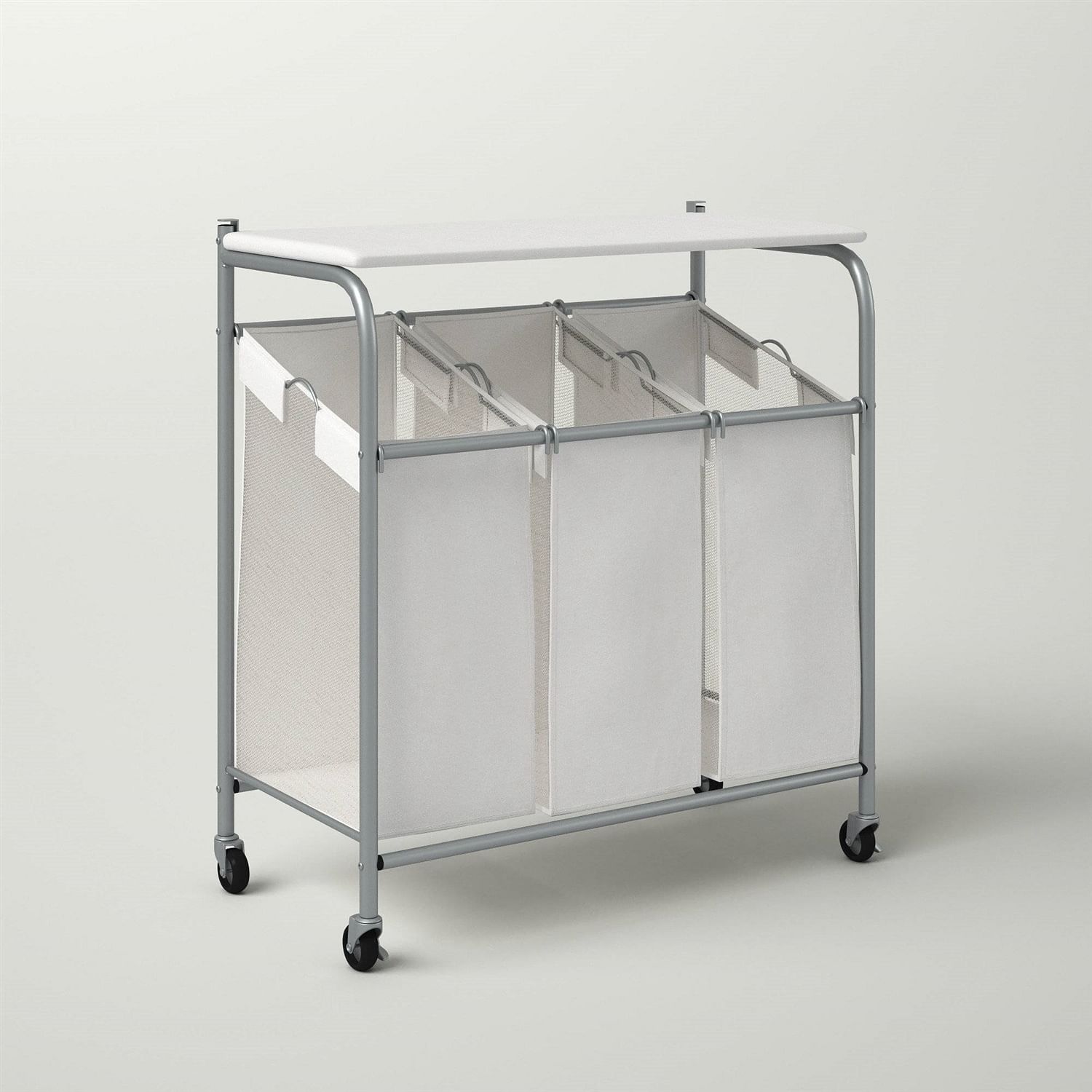 3 Section Wheeled Laundry Sorter Cart with Lift Top Folding Ironing Board - Free Shipping