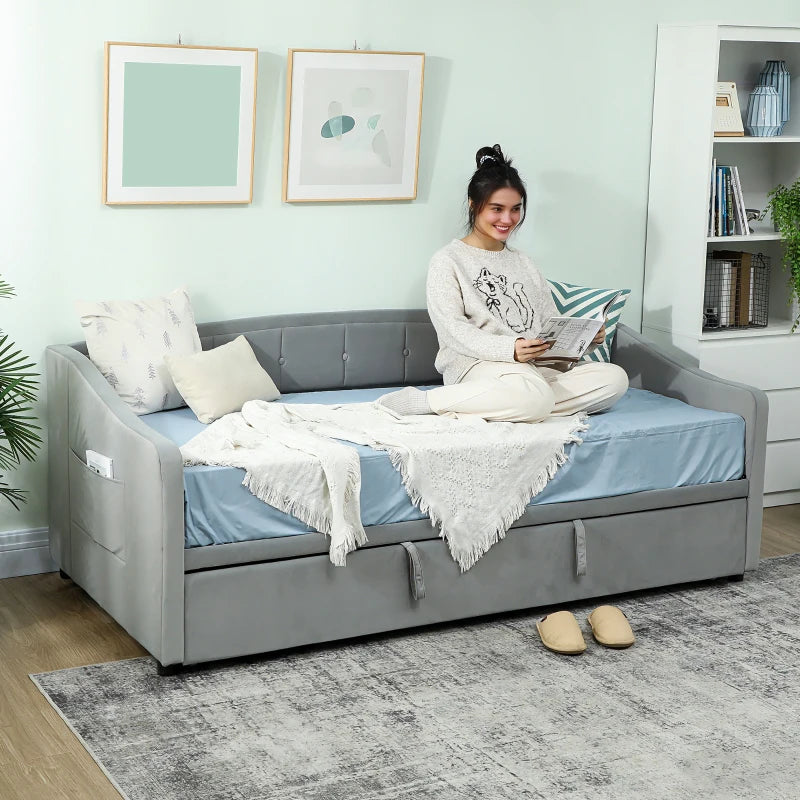 Upholstered Twin Size Trundle Bed, Velvet Twin to King Day Bed with Pop Up Trundle, Headboard and 2 Pockets, Light Grey