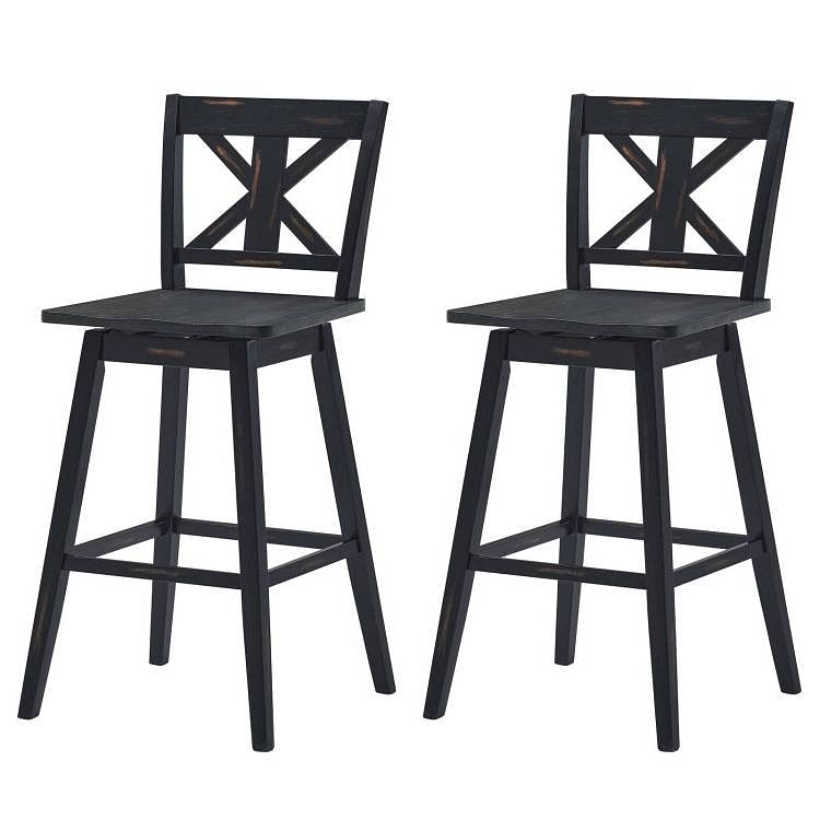 Set of 2 Black Wood 29-in Modern Kitchen Dining Farmhouse Swivel Seat Barstools - Free Shipping
