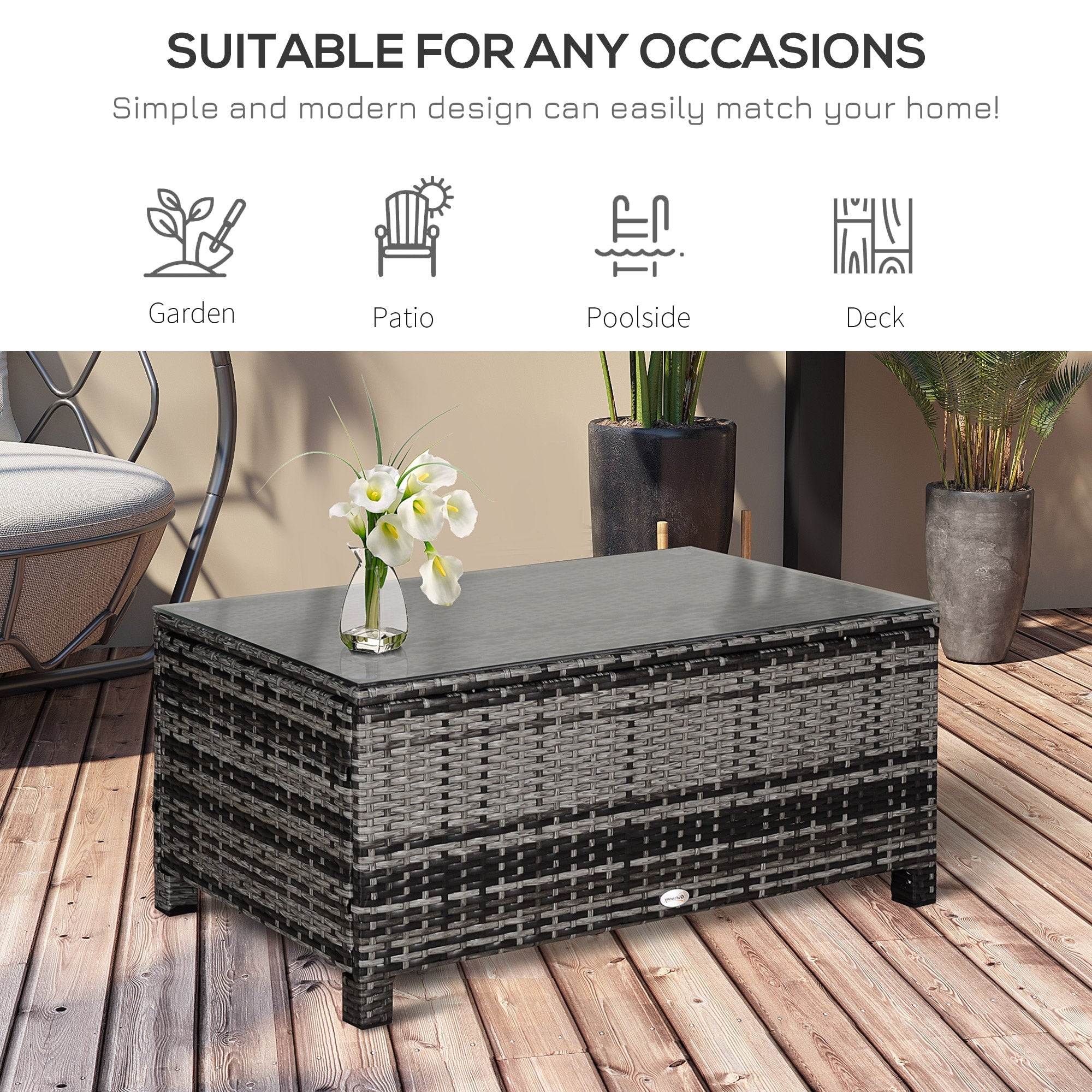 Outsunny Patio Side Table Outdoor Garden PE Rattan Wicker with Glass Top Balcony Furniture Mixed Grey