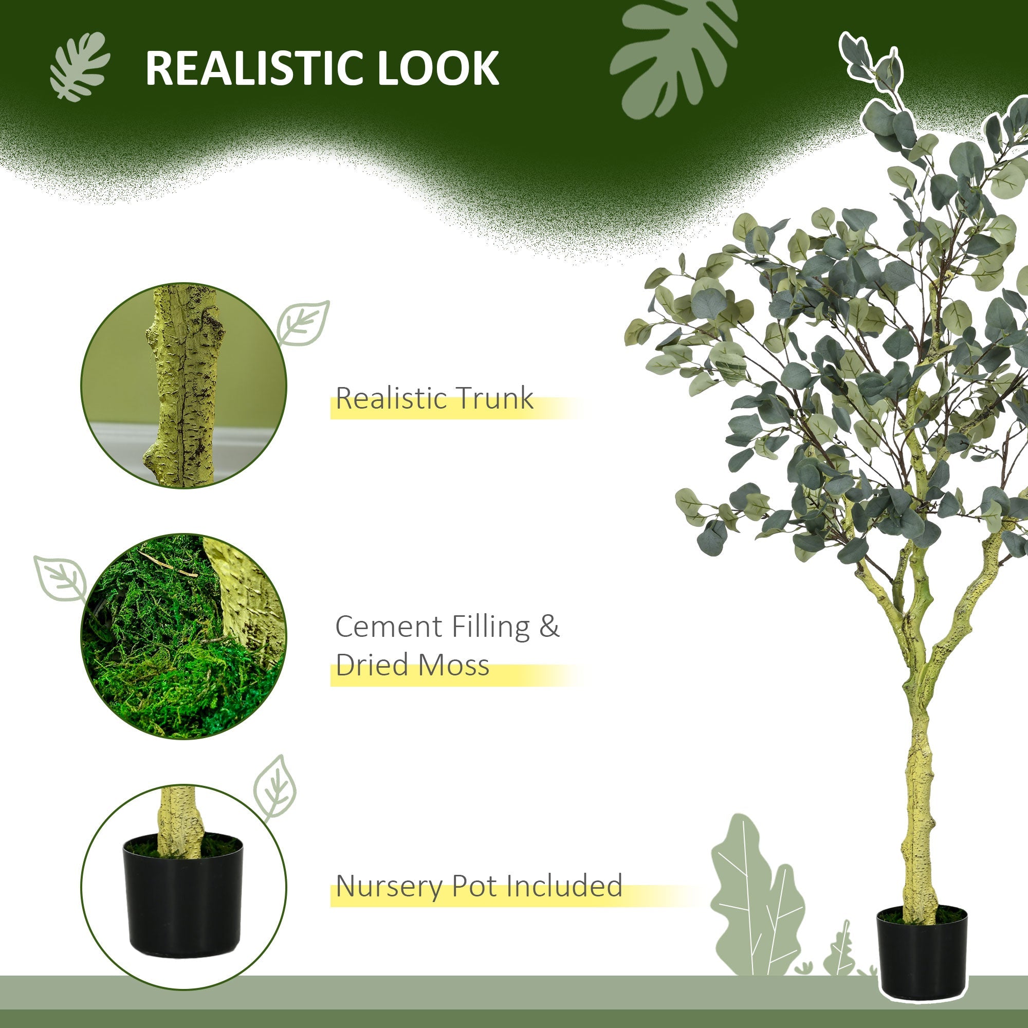 HOMCOM 5ft Artificial Eucalyptus Tree: Indoor Fake Plant with White Tips and Pot for Home, Office, Living Room Decor