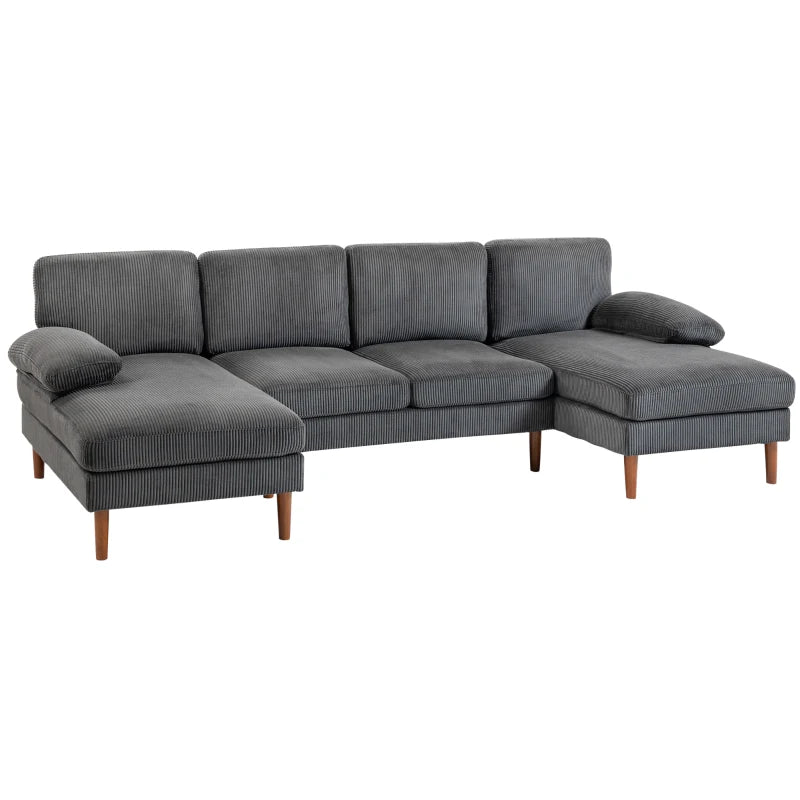 U Shape Couch with Double Chaise Lounge, Modern 4 Seater Sofa with Wooden Legs, Fabric Sofa for Living Room, Dark Grey