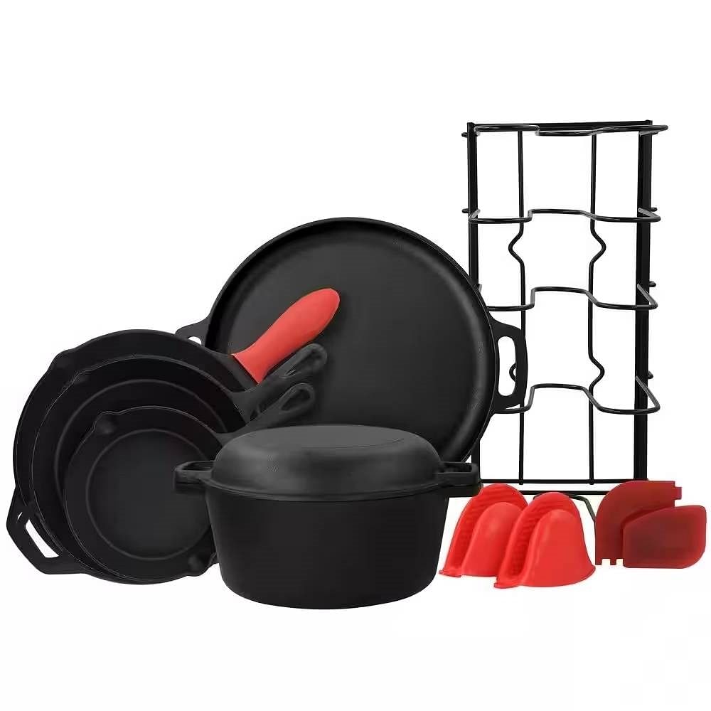 12-Piece Cast Iron Cookware set with Dutch Oven Frying Pan Skillet and Pizza Pan - Free Shipping