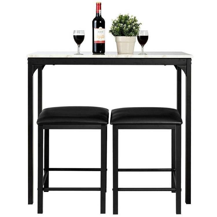 Modern 3-Piece Dining Set White Faux Marble Table-Top and 2 Black Chairs Stools - Free Shipping