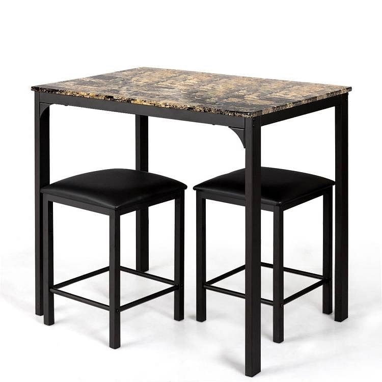 Modern 3-Piece Dining Set Brown Faux Marble Table-Top and 2 Black Chairs Stools - Free Shipping