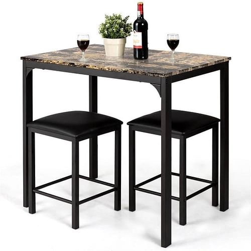 Modern 3-Piece Dining Set Brown Faux Marble Table-Top and 2 Black Chairs Stools - Free Shipping