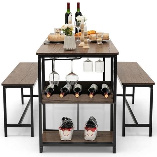 Modern Industrial 3-Piece Metal Wood Dining Set with 2 Benches and Wine Rack - Free Shipping