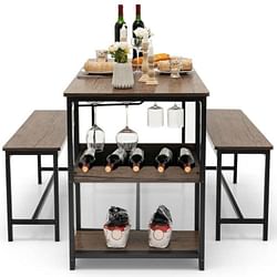 Modern Industrial 3-Piece Metal Wood Dining Set with 2 Benches and Wine Rack - Free Shipping