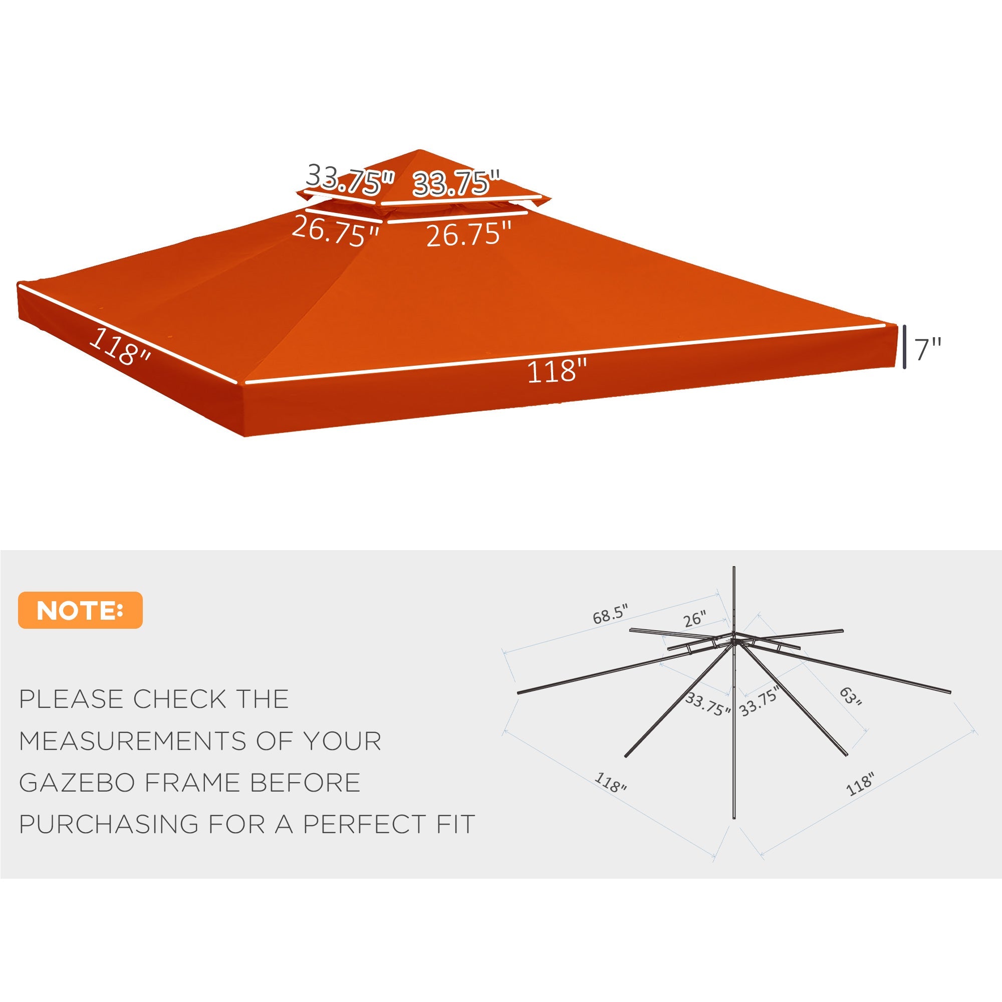 Outsunny 9.84' x 9.84' Square Gazebo Canopy Replacement Rust Red 2-Tier Top Cover for Outdoor Garden Sun Shade