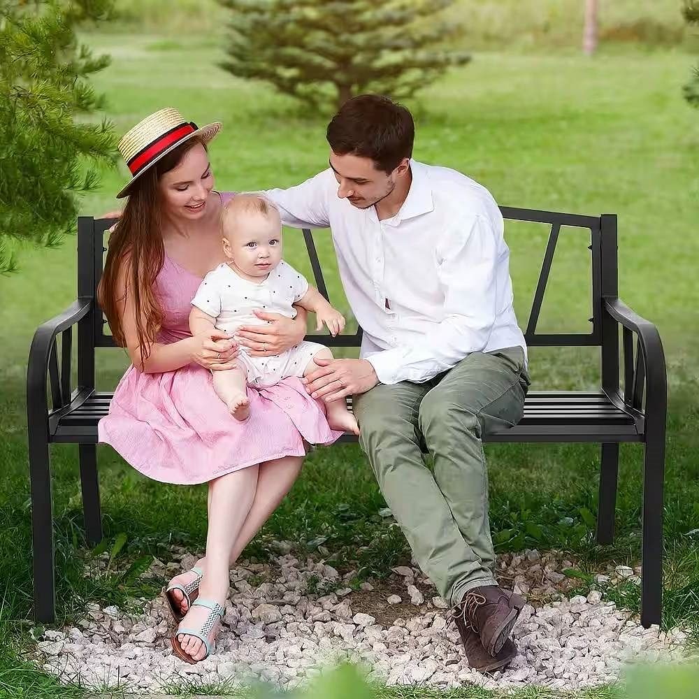 Black Metal 2-Person Outdoor Garden Bench with Armrest - 660 lbs. Max Weight - Free Shipping