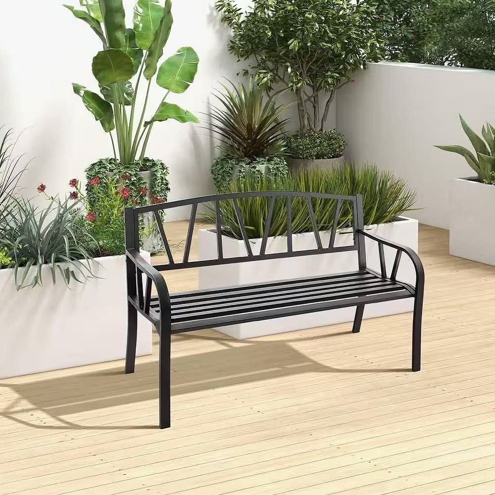 Black Metal 2-Person Outdoor Garden Bench with Armrest - 660 lbs. Max Weight - Free Shipping