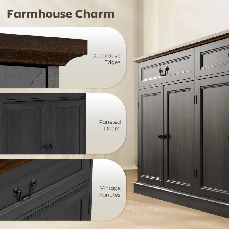 55" Farmhouse Sideboard Buffet Cabinet with Charging Station, 2 Drawers and 2 Adjustable Shelves, Black Wood Grain