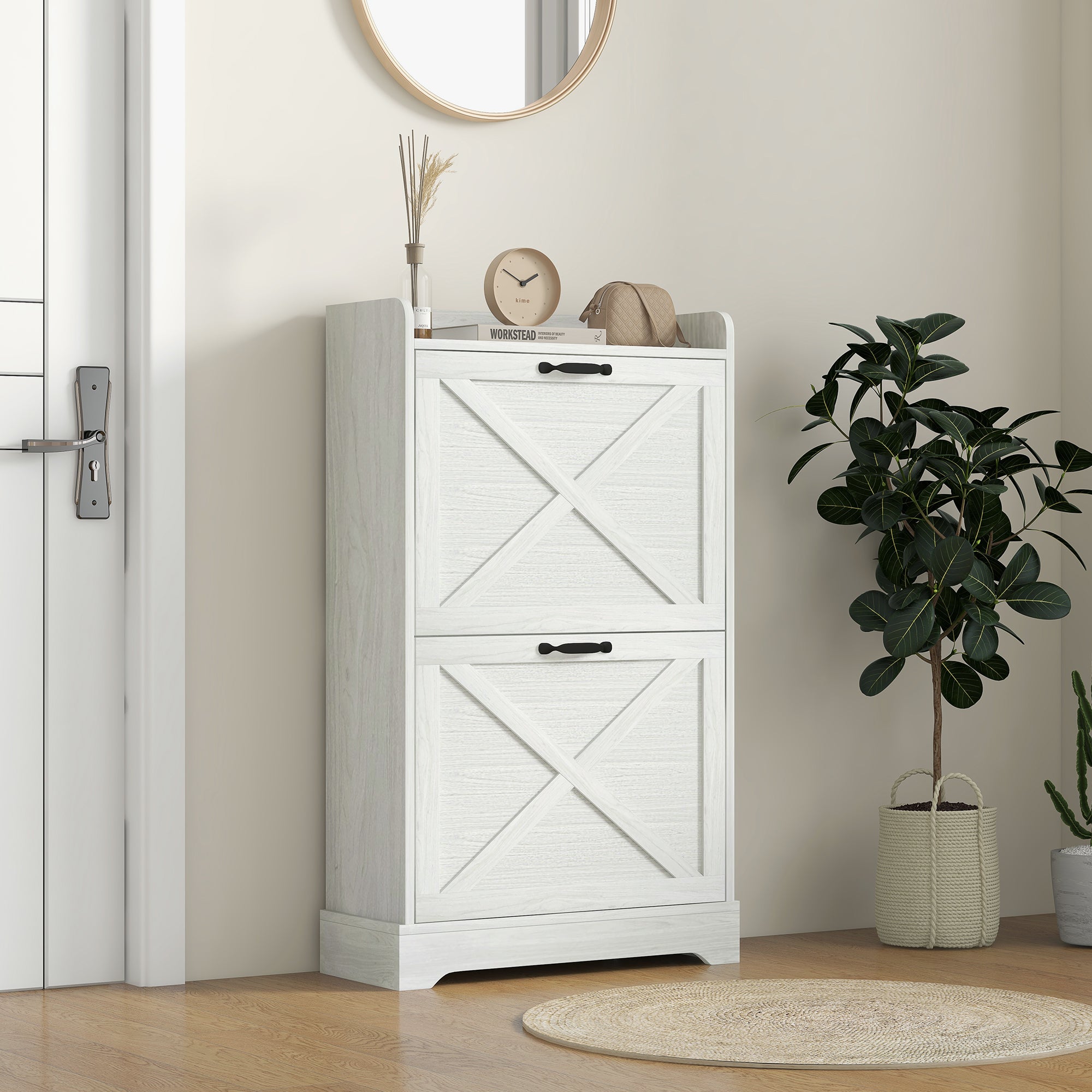 HOMCOM Slim Shoe Storage Cabinet, Farmhouse Shoe Cabinet with 2 Flip Drawers, Adjustable Shelves for 8 Pairs, Distressed White